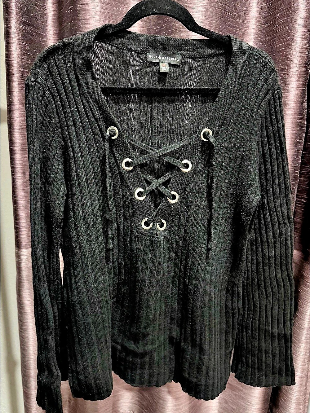 Rock & Republic Black Ribbed Lace-Up Sweater XL